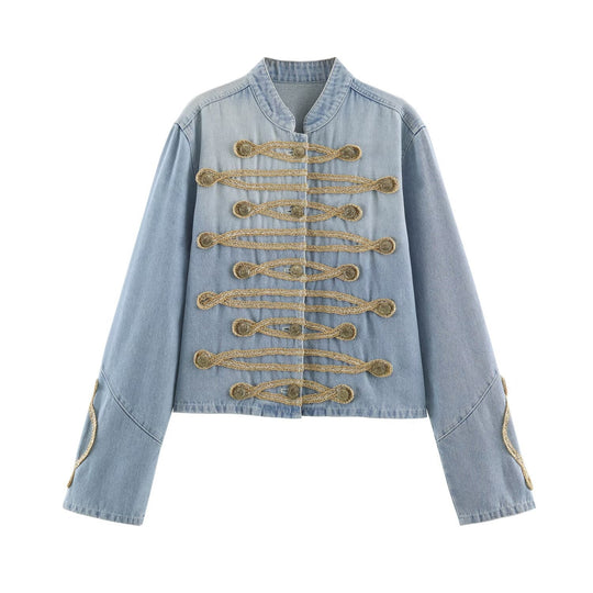 Damen Kurz geschnittene Jeansjacke im Military‑Stil mit dekorativen Kordelapplikationen Shop Nory