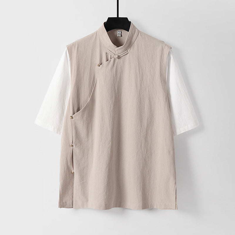 Herren Asymmetrische Leinenweste mit Stehkragen und seitlicher Knopfleiste Shop Nory