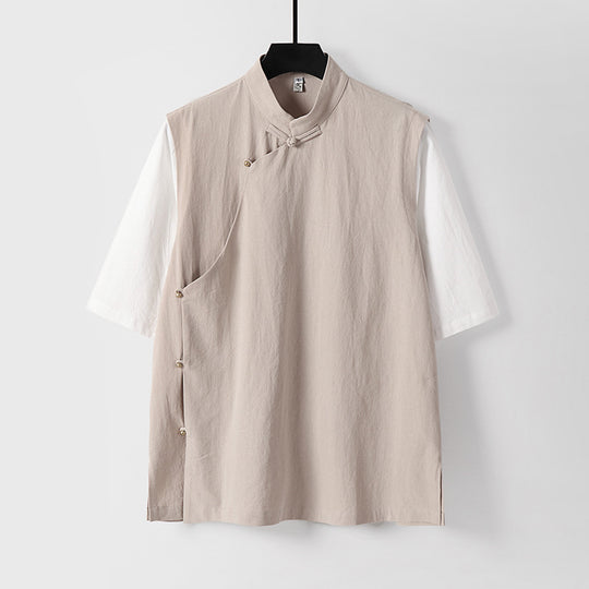Herren Asymmetrische Leinenweste mit Stehkragen und seitlicher Knopfleiste Shop Nory