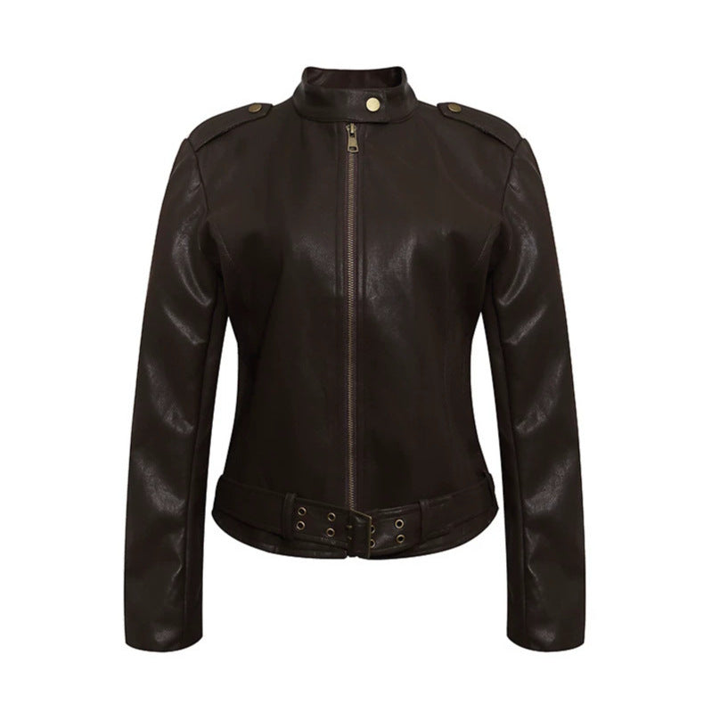 Damen Taillierte Lederoptik-Jacke mit Stehkragen, Schulterklappen und Taillengürtel Shop Nory