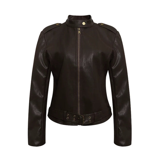 Damen Taillierte Lederoptik-Jacke mit Stehkragen, Schulterklappen und Taillengürtel Shop Nory