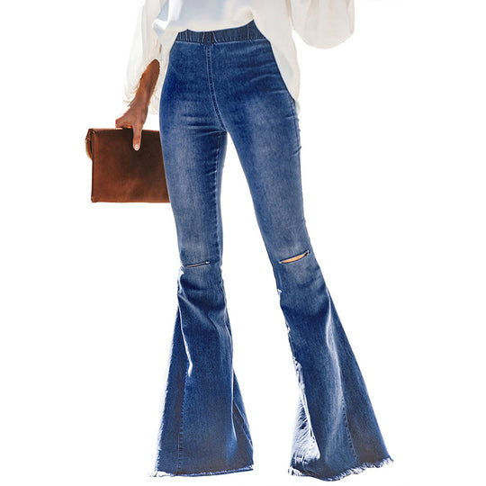 Damen hochtaillierte ausgestellte Denim-Hose mit elastischem Tunnelzugbund, Ziernähten und rohem Saum Shop Nory