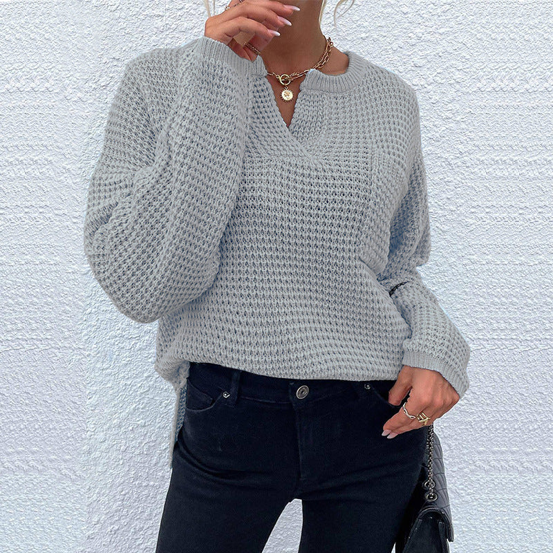 Damen Waffelstrick-Pullover mit V-Schlitz, oversized Schnitt und Ballonärmeln Shop Nory