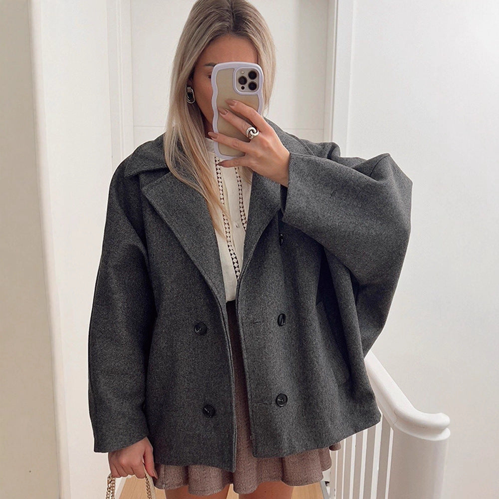 Damen Boxy-Wollmix-Cocoon-Jacke mit doppelreihiger Knopfleiste und weitem Revers Shop Nory