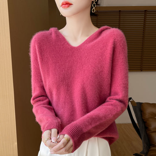 Damen Weicher Mohair‑Optik Kapuzenpullover mit V‑Ausschnitt und geripptem Saum Shop Nory