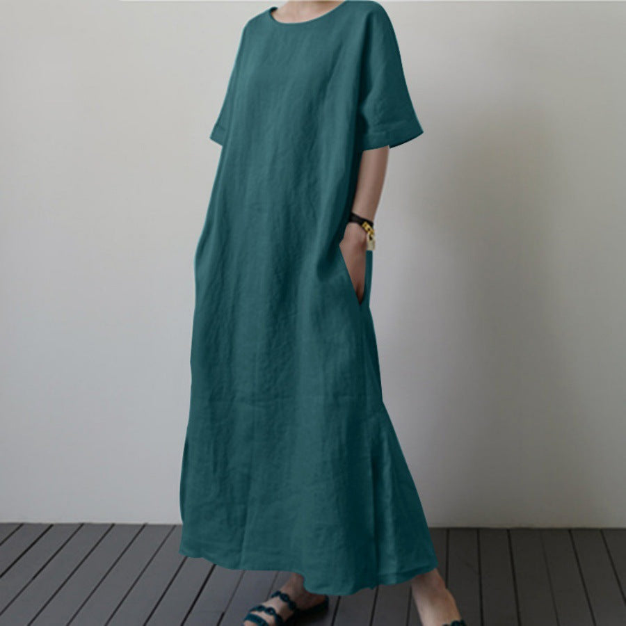 Damen Leinenmaxikleid mit weit geschnittenen Ärmeln und Taillengürtel