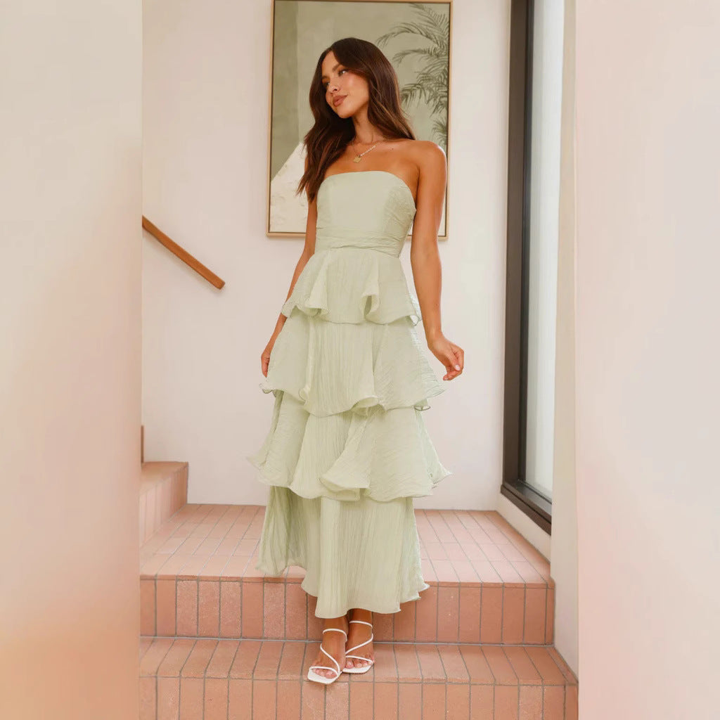 Damen Maxikleid mit voluminösen Rüschen und schulterfreiem Design