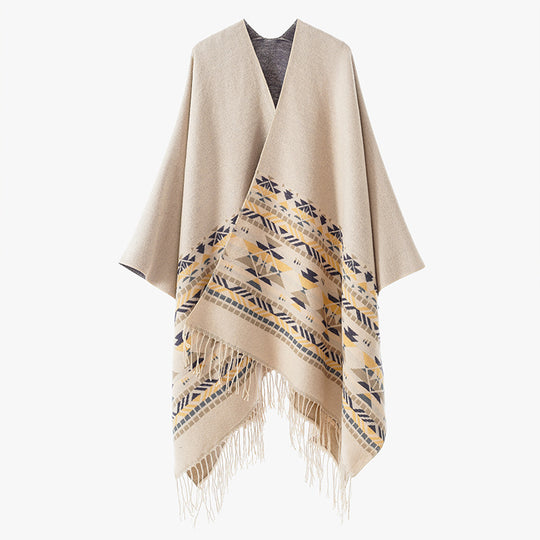 Damen V-Kragen-Überwurfponcho im Kimono-Fall mit Ethno-Bordüre und Fransensaum Shop Nory