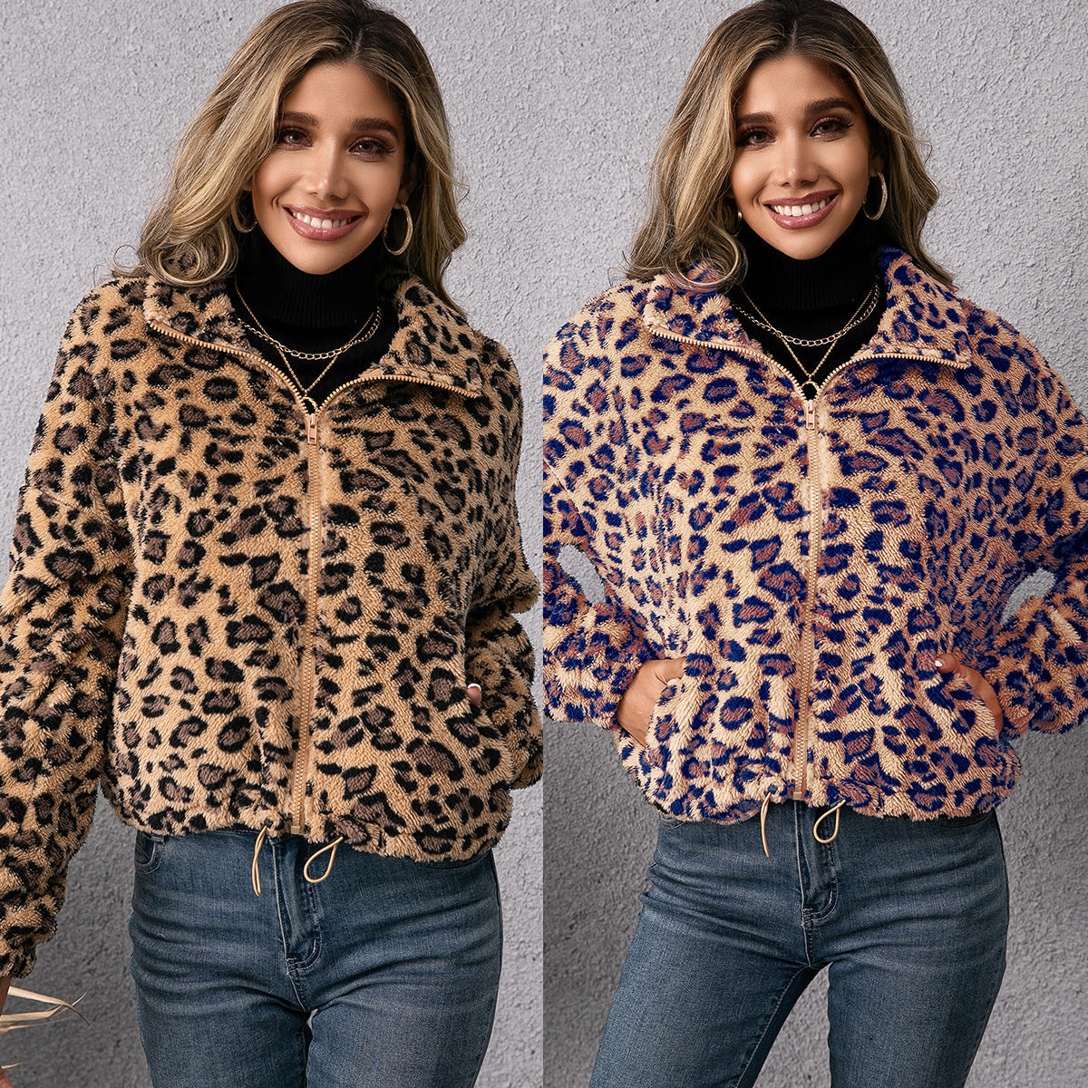 Damen Fleecejacke mit Leoparddruck und seitlichen Taschen