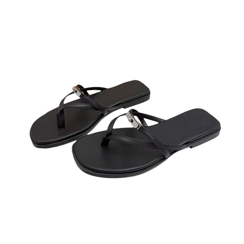 Damen Elegante Zehentrenner-Sandalen mit verstellbarem Riemendesign und feinen Metallic-Details