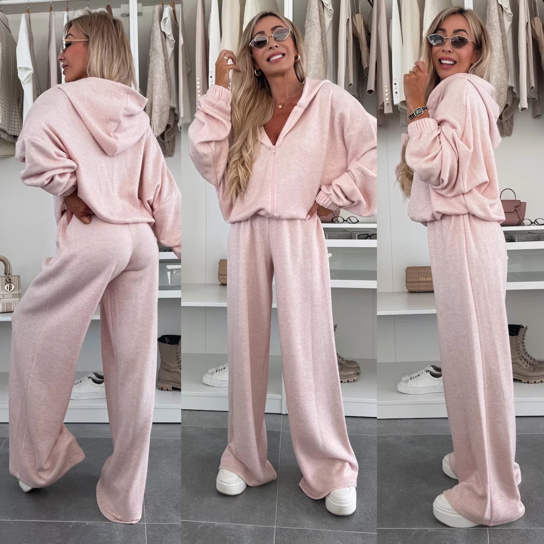 Damen Loungewear-Anzug aus weichem Fleece mit Kapuze und weitem Schnitt Shopnory