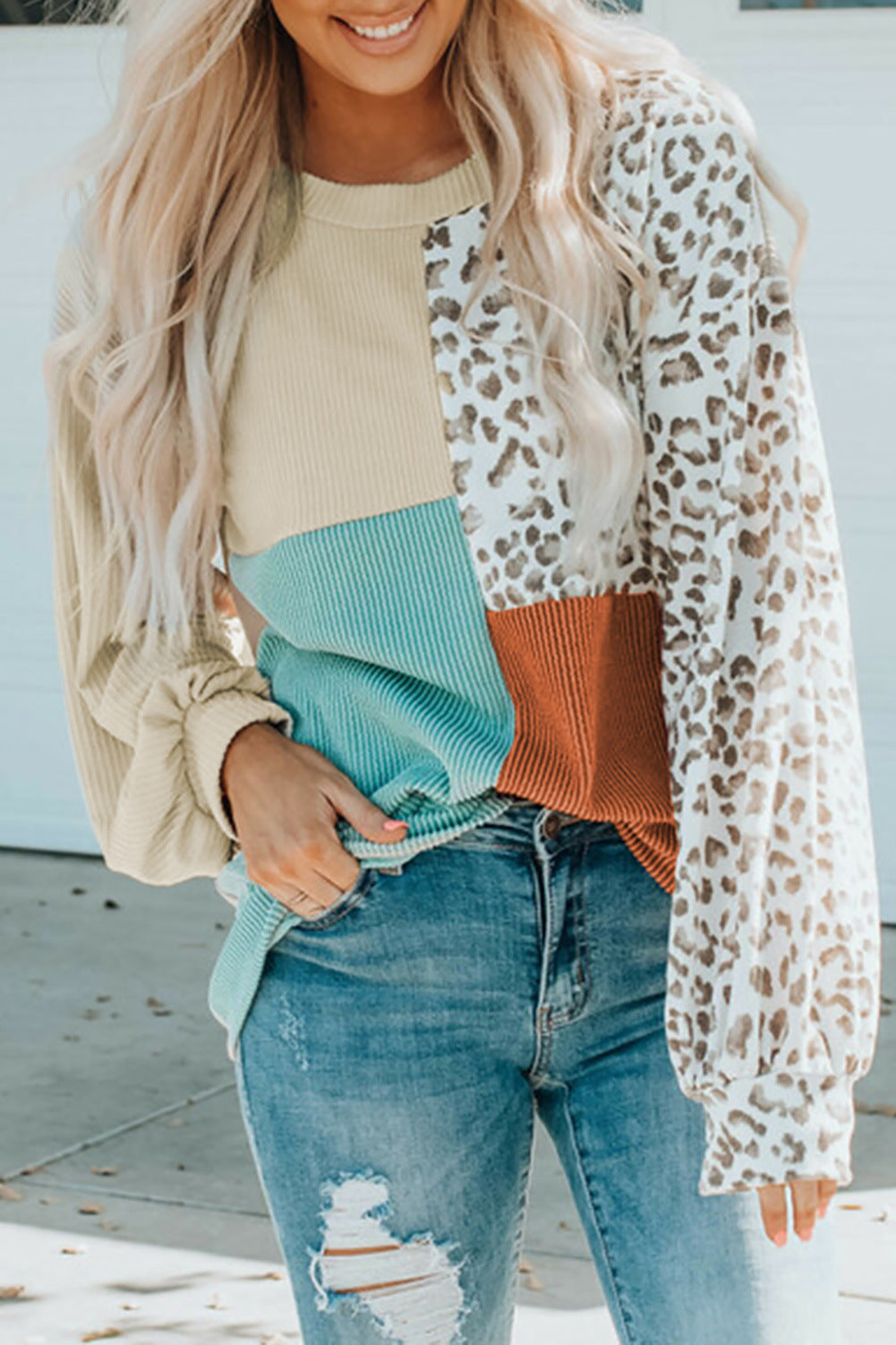Damen Patchwork-Strickpullover mit Leopardenmuster, Rippstruktur und Ballonärmeln Shop Nory