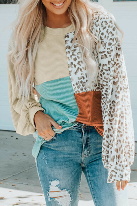 Damen Patchwork-Strickpullover mit Leopardenmuster, Rippstruktur und Ballonärmeln Shop Nory