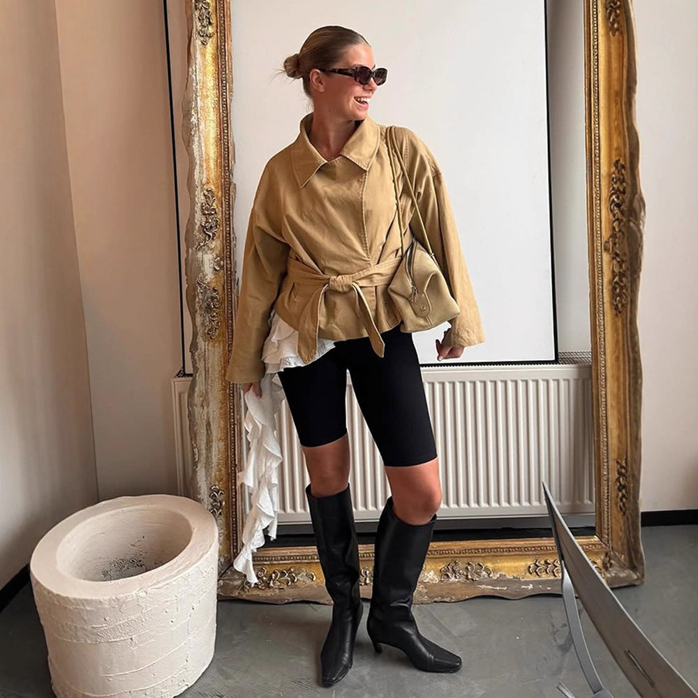 Damen Kurze Taillierte Canvas-Jacke mit Bindegürtel und überschnittenen Schultern Shop Nory