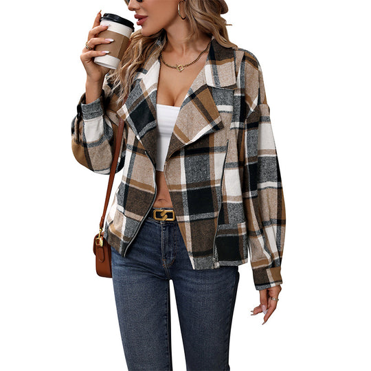 Damen Oversize-Karo-Shacket mit Reverskragen, Reißverschluss & aufgesetzten Taschen Shop Nory