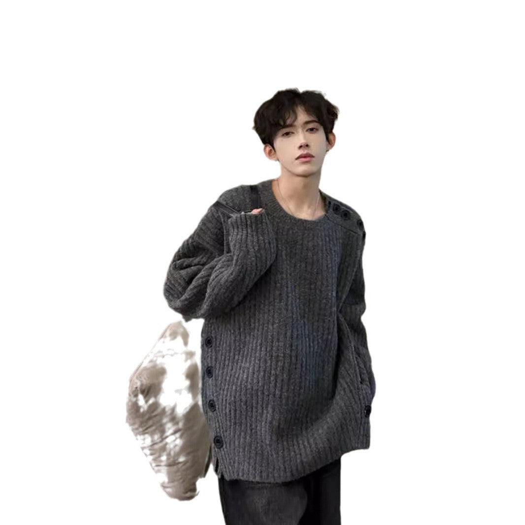Herren Grobgestrickter Oversize-Pullover mit Rundhalsausschnitt und Schulterknopfleiste Shop Nory