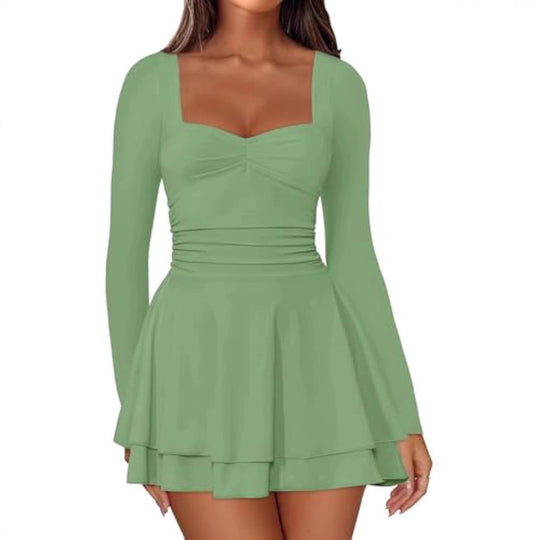 Damen Langarm-Minikleid mit quadratischem Ausschnitt, taillierter Raffung und zweilagigem Volantrock Shop Nory