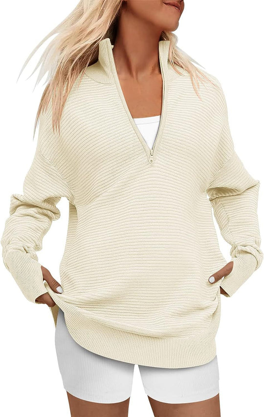 Damen Oversize-Feinstrickpullover mit halbem Reißverschluss, Stehkrragen und Daumenloch-Ärmeln Shop Nory
