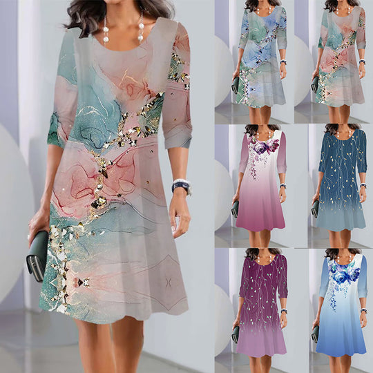 Damen A-Linien Kleid mit floralem Druck, U-Ausschnitt, Dreiviertelärmel und sanftem Ombre Shop Nory
