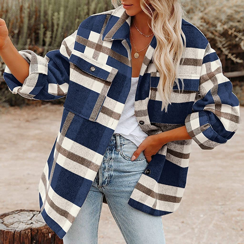 Damen Karierte Flanelljacke mit Lässigem Schnitt und Aufgesetzten Taschen