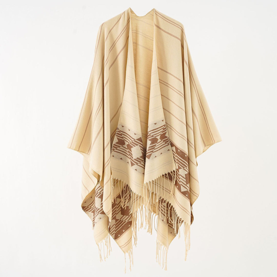 Damen Wollmix-Ruana im grafischen Ethno-Jacquard mit Fransensaum Shop Nory
