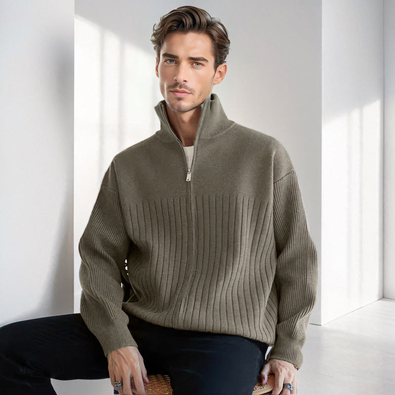 Herren Halbzip-Strickpullover mit hohem Stehkragen und breitem Rippenmuster Shop Nory