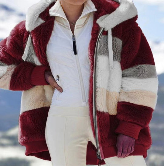 Damen nan oversized gefütterte Kunstfelljacke mit Kapuze, Blockstreifen und gerippten Bündchen Shop Nory