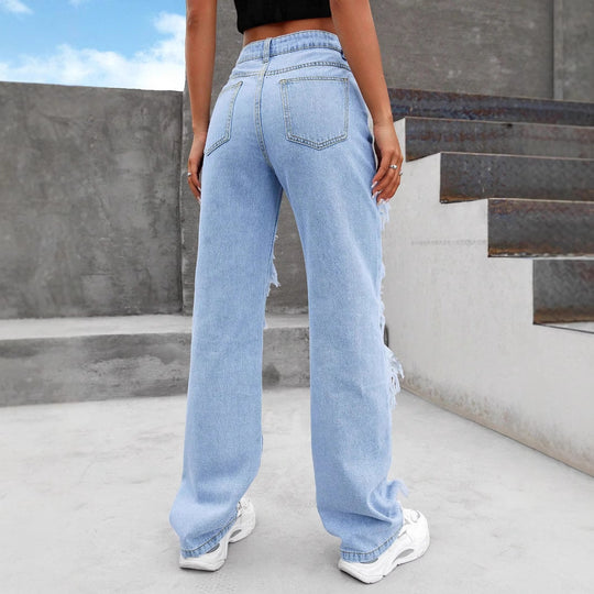 Damen Stark zerrissene Wide-Leg Denim-Jeans mit Fransen-Details Shop Nory