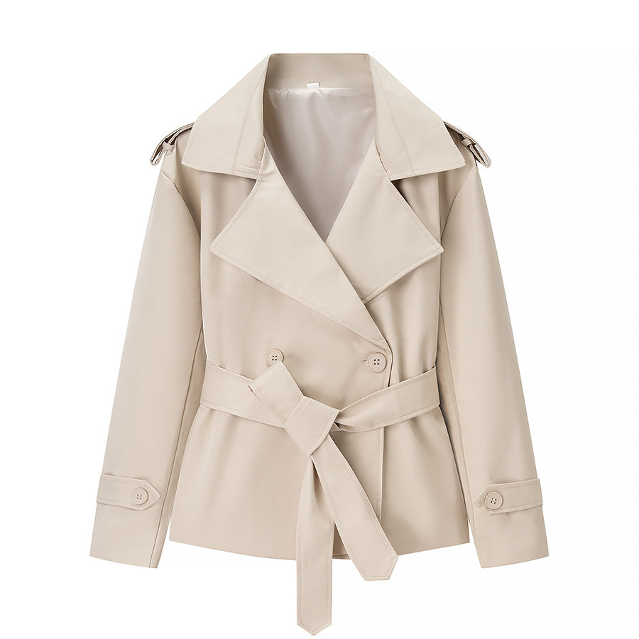 Damen Kurzgeschnittener taillierter Trenchcoat mit Bindegürtel und Schulterklappen Shop Nory