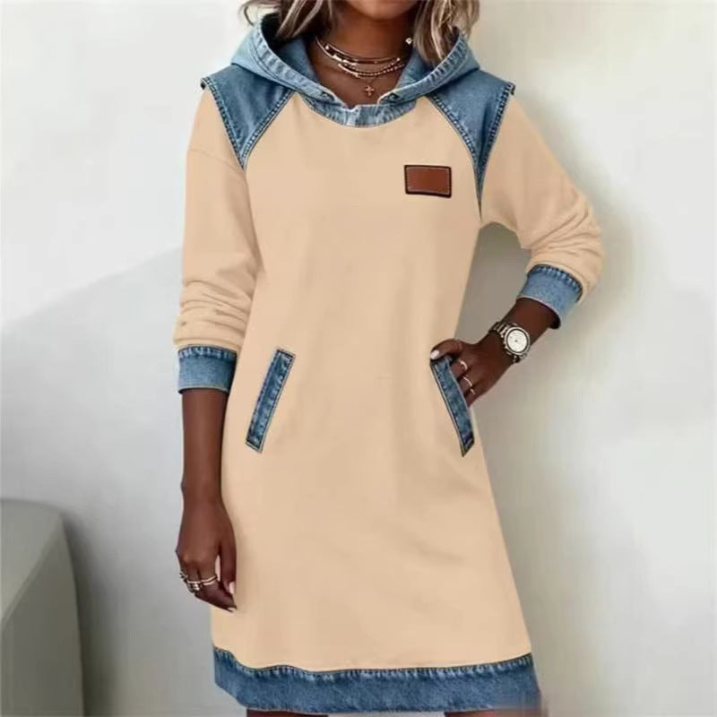 Damen Kapuzen Sweatkleid mit Denim-Besatz, Kängurutaschen und lässiger A-Linien Silhouette Shop Nory