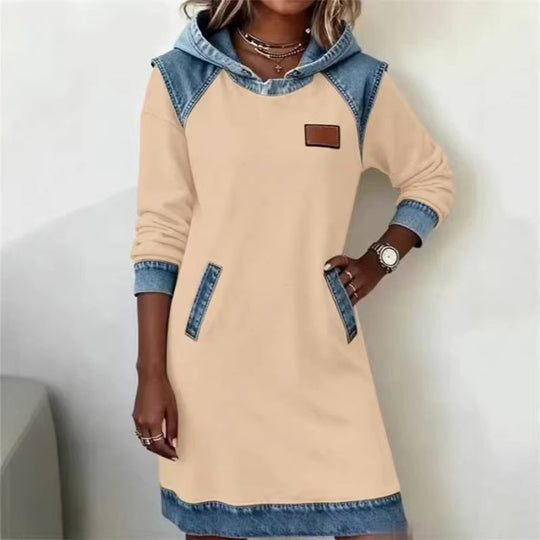Damen Kapuzen Sweatkleid mit Denim-Besatz, Kängurutaschen und lässiger A-Linien Silhouette Shop Nory