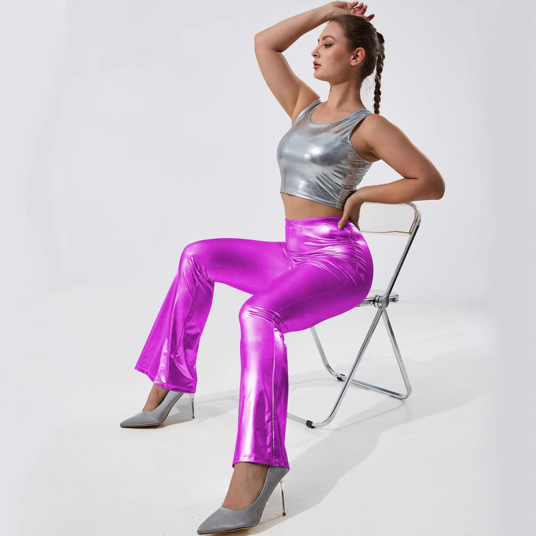 Damen Glänzende High-Waist Schlaghose mit Metallic-Finish Shopy Nory