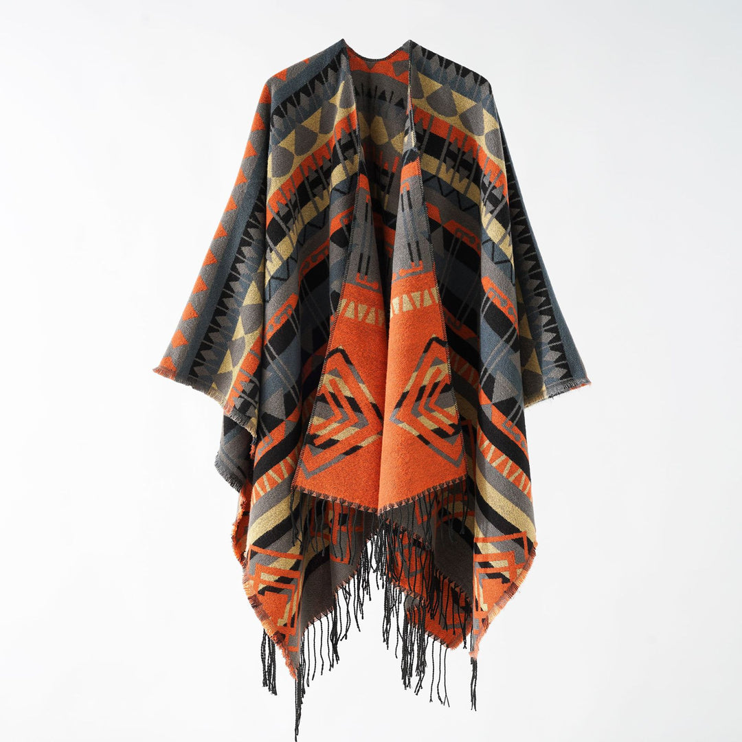 Damen Gewebter Fransenponcho mit Ethno-Jacquard und Oversize-Fall Shop Nory