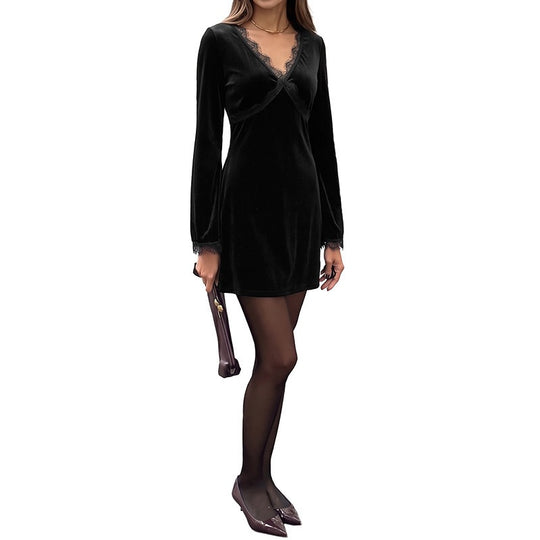 Damen Samt‑Minikleid mit Spitzenbesatz, V‑Ausschnitt und Trompetenärmeln Shop Nory