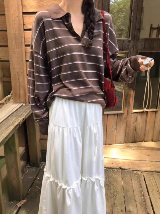 Damen Oversize-Polokragen-Strickpullover mit Streifen und halber Knopfleiste Shop Nory