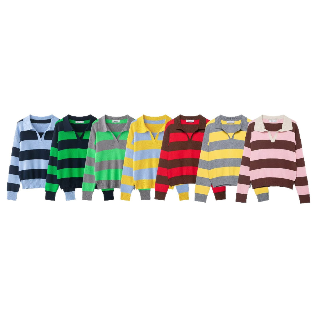 Damen Gestreifter Oversize-Rugby-Pullover mit Polokragen und V-Ausschnitt Shop Nory
