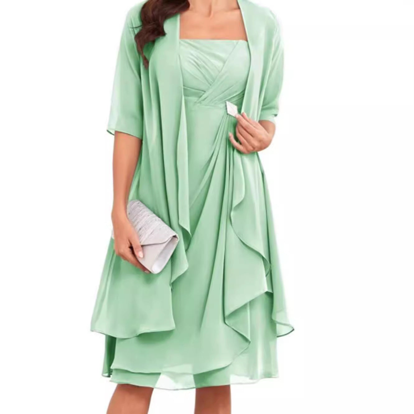 Damen festliches Maxikleid mit einem eleganten Wickeldesign und transparenter Ärmeln