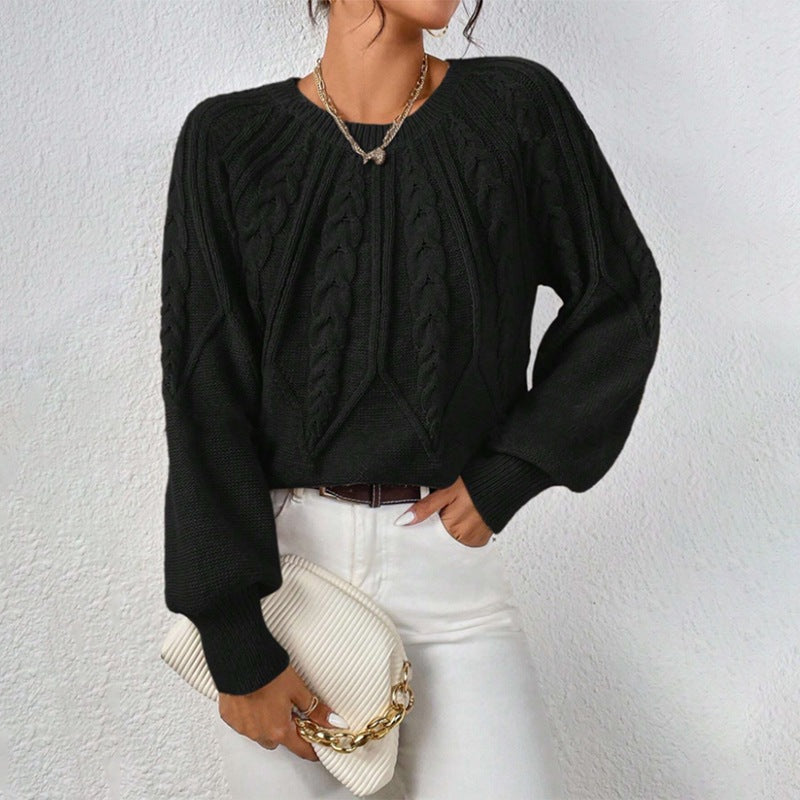 Damen nan kurzer Zopfmuster-Strickpullover mit Ballonärmeln und geripptem Saum Shop Nory