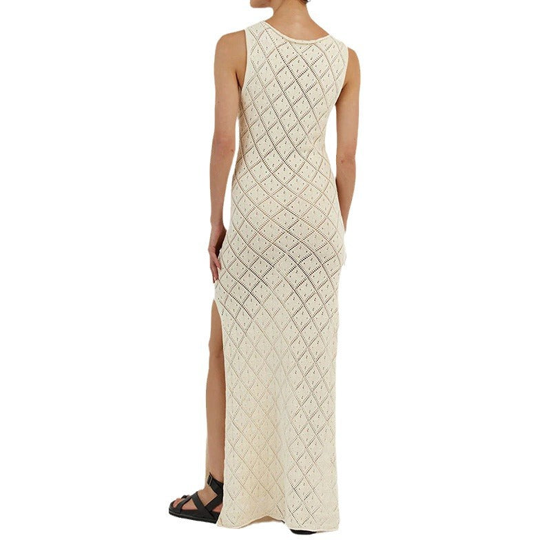 Damen Häkelkleid mit kreativem Rautenmuster und ärmellosem Schnitt
