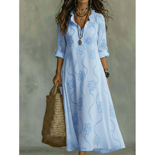 Damen Langes Boho-Maxikleid mit Blumenstickerei und V‑Ausschnitt Shop Nory