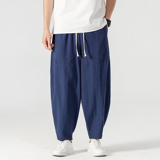 Herren Lässige Leinen-Baumwoll-Hose mit weitem Bein, Kordelzug und aufgesetzten Taschen Shop Nory