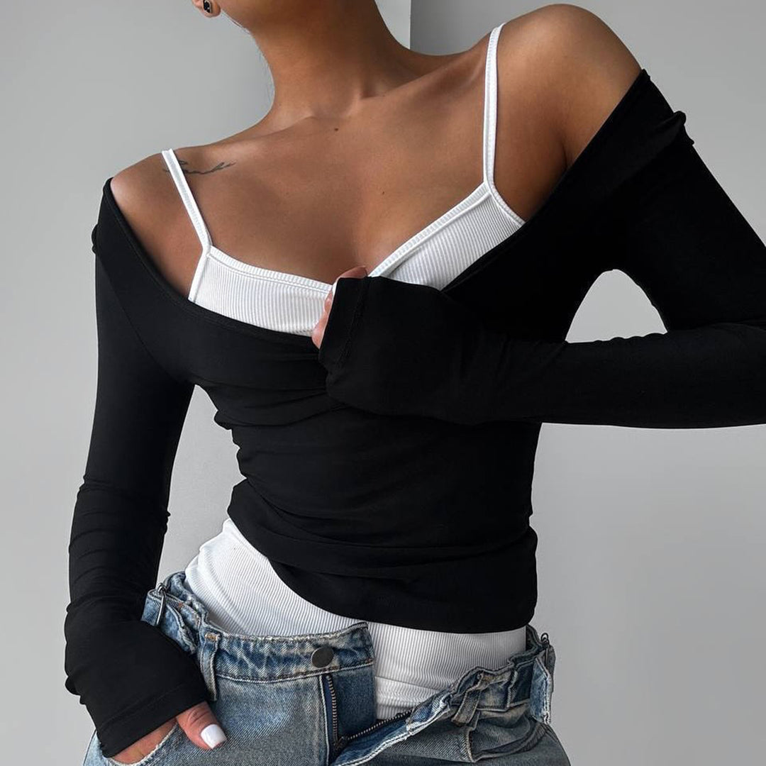 Damen nan tailliertes Longsleeve-Cropped-Top mit eckigem Ausschnitt und doppelten Spaghettiträgern Shop Nory