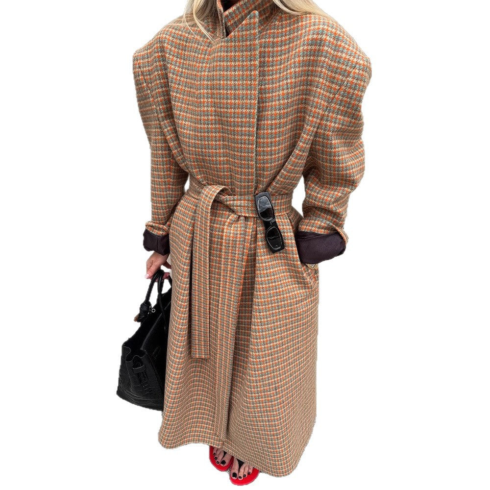Damen Oversize Wollmantel mit Hahnentritt-Muster und Taillengürtel Shop Nory