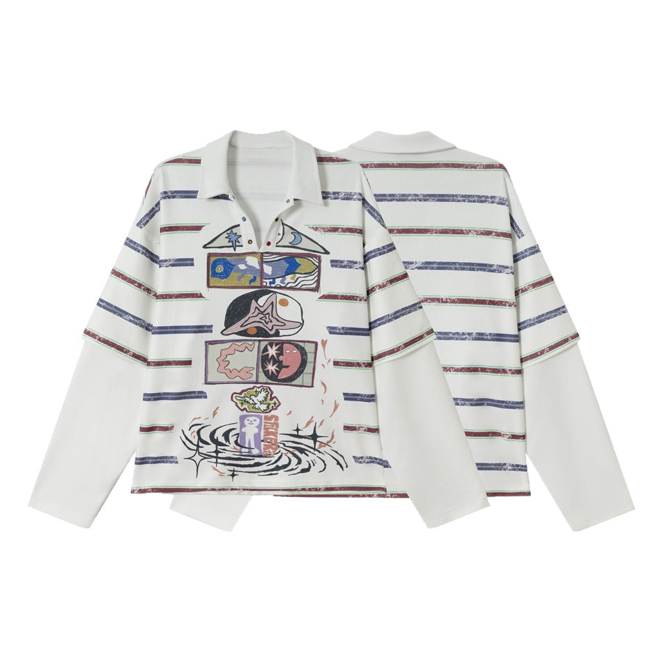 Damen Waffel-Polo-Shirt mit Grafik-Print, Streifen und halber Druckknopfleiste Shop Nory