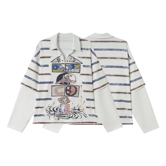 Damen Waffel-Polo-Shirt mit Grafik-Print, Streifen und halber Druckknopfleiste Shop Nory
