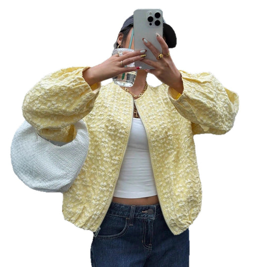 Damen Strukturierte Bomberjacke mit floraler Reliefstickerei und Reißverschluss Shop Nory