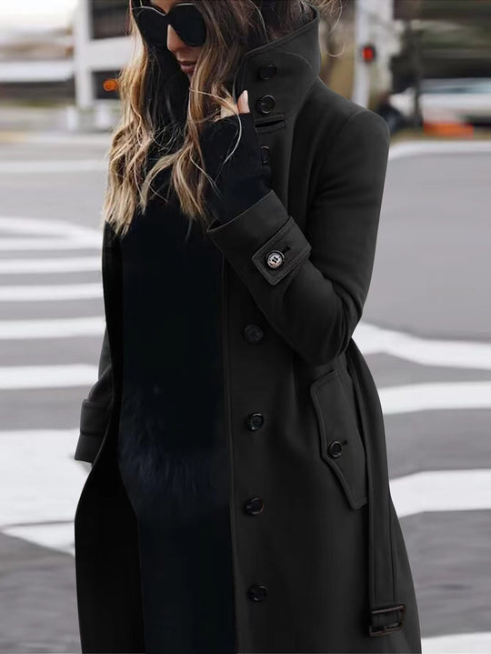 Damen Doppelreihiger Trenchcoat mit hohem Stehkragen, Taillengürtel und Manschetten-Detail Shop Nory