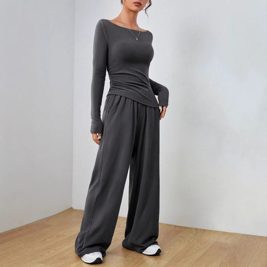 Damen Lässiges Two‑Piece Lounge‑Set mit U‑Boot‑Ausschnitt, taillierter Drapierung und weitem Palazzohose Shop Nory