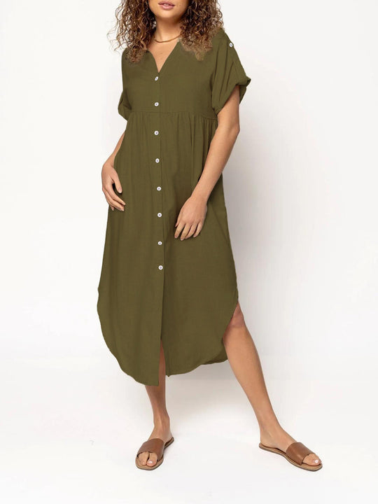 Damen Midikleid mit Knopfleiste, V‑Ausschnitt und legerer Babydoll-Passform Shop Nory
