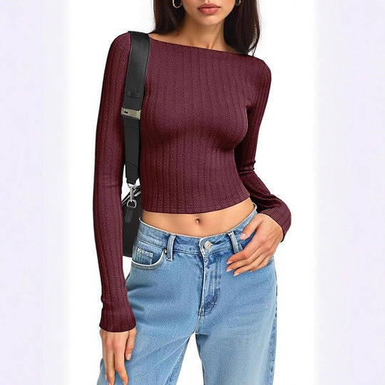 Damen Tailliertes Ripp-Cropped-Longsleeve mit U-Boot-Ausschnitt und Stretch-Baumwollmix Shop Nory